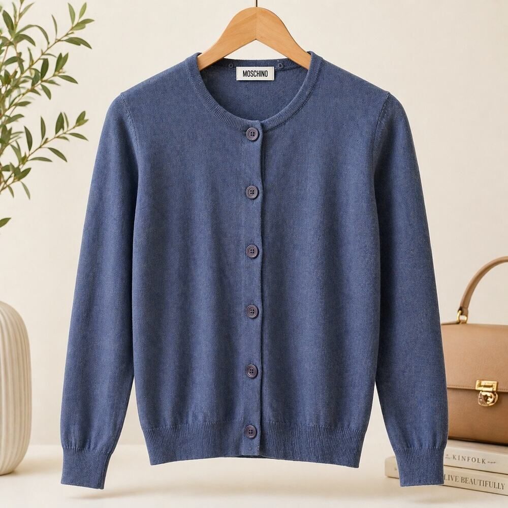Moschino Blue Button Front Cardigan Silk Linen Blend Lightweight Knit Size 8